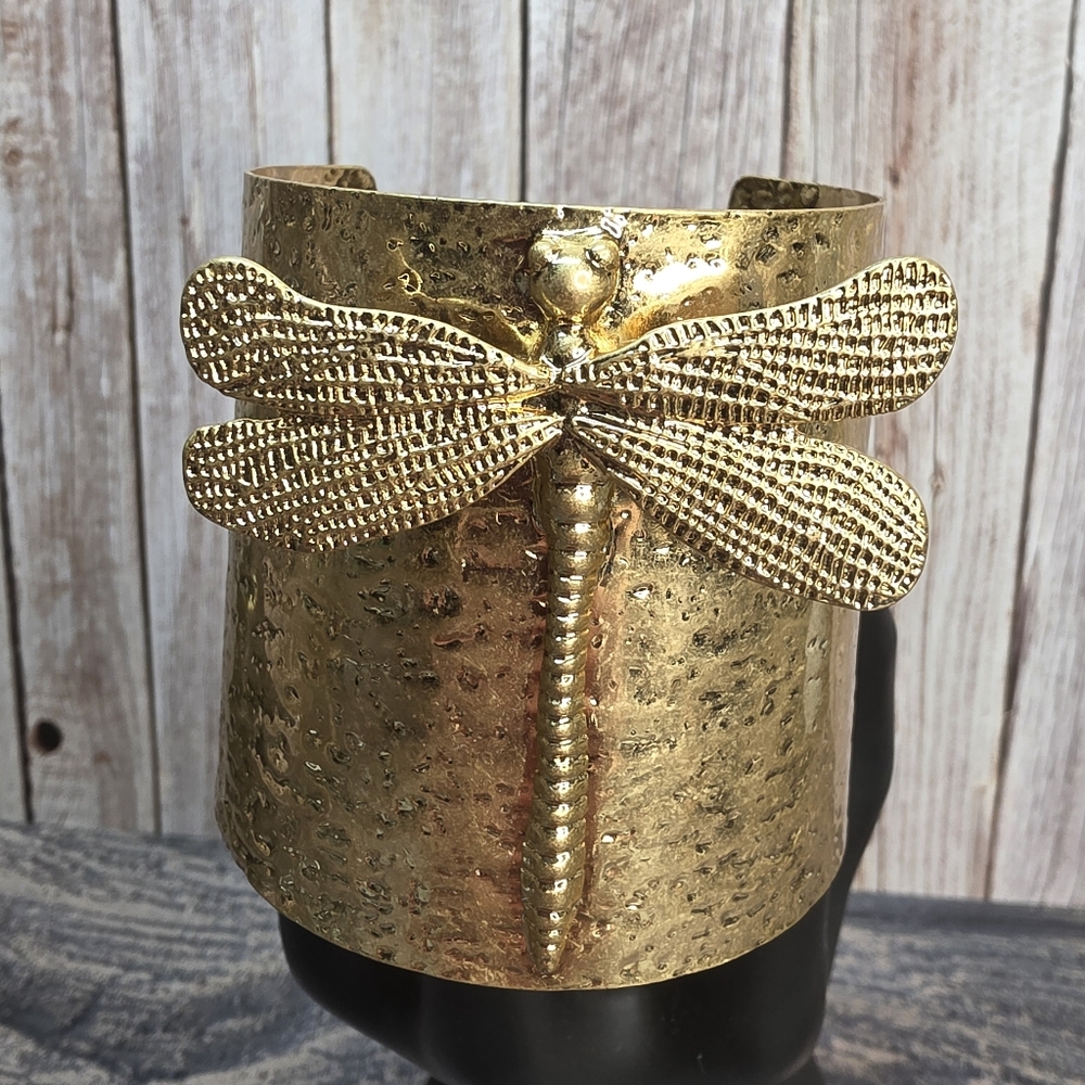 Gold Tone Dragonfly Statement Cuff Bracelet Hammered Wide Bold